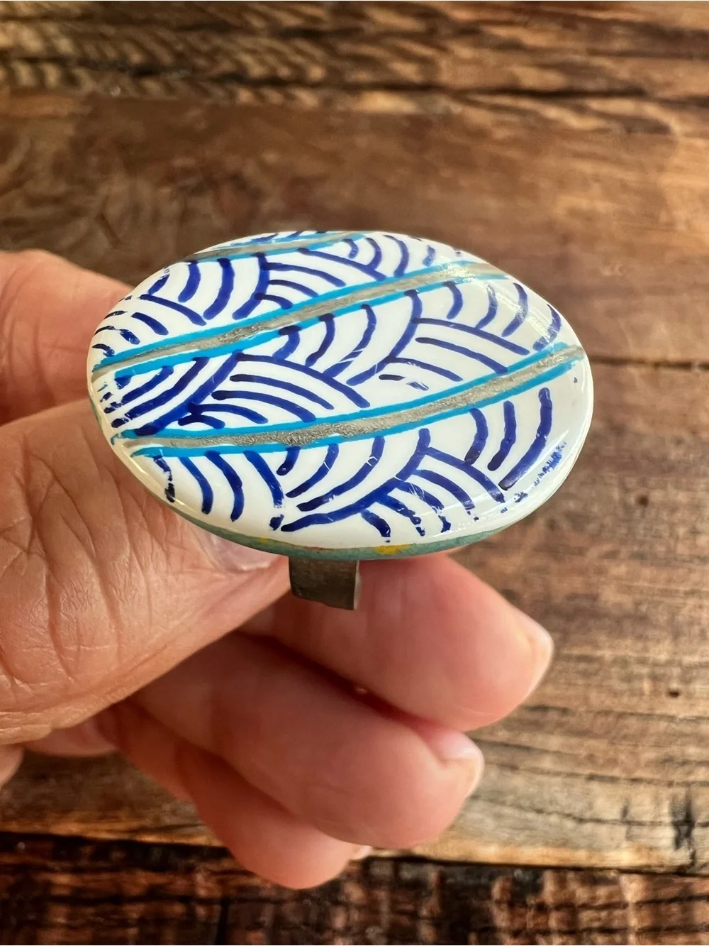 Hand-Painted Blue and White Ceramic Statement Ring
